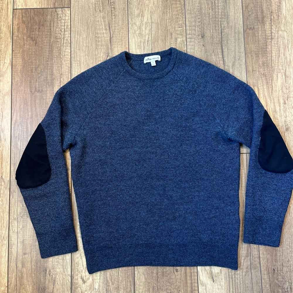 Peter Millar Navy Blue Crewneck Sweater with Black Elbow Patches